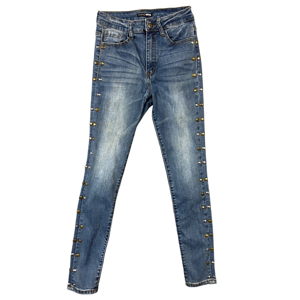 Fashion Nova Skinny Jeans Juniors 5 Blue Silver Studded High Rise FNC1023 Denim